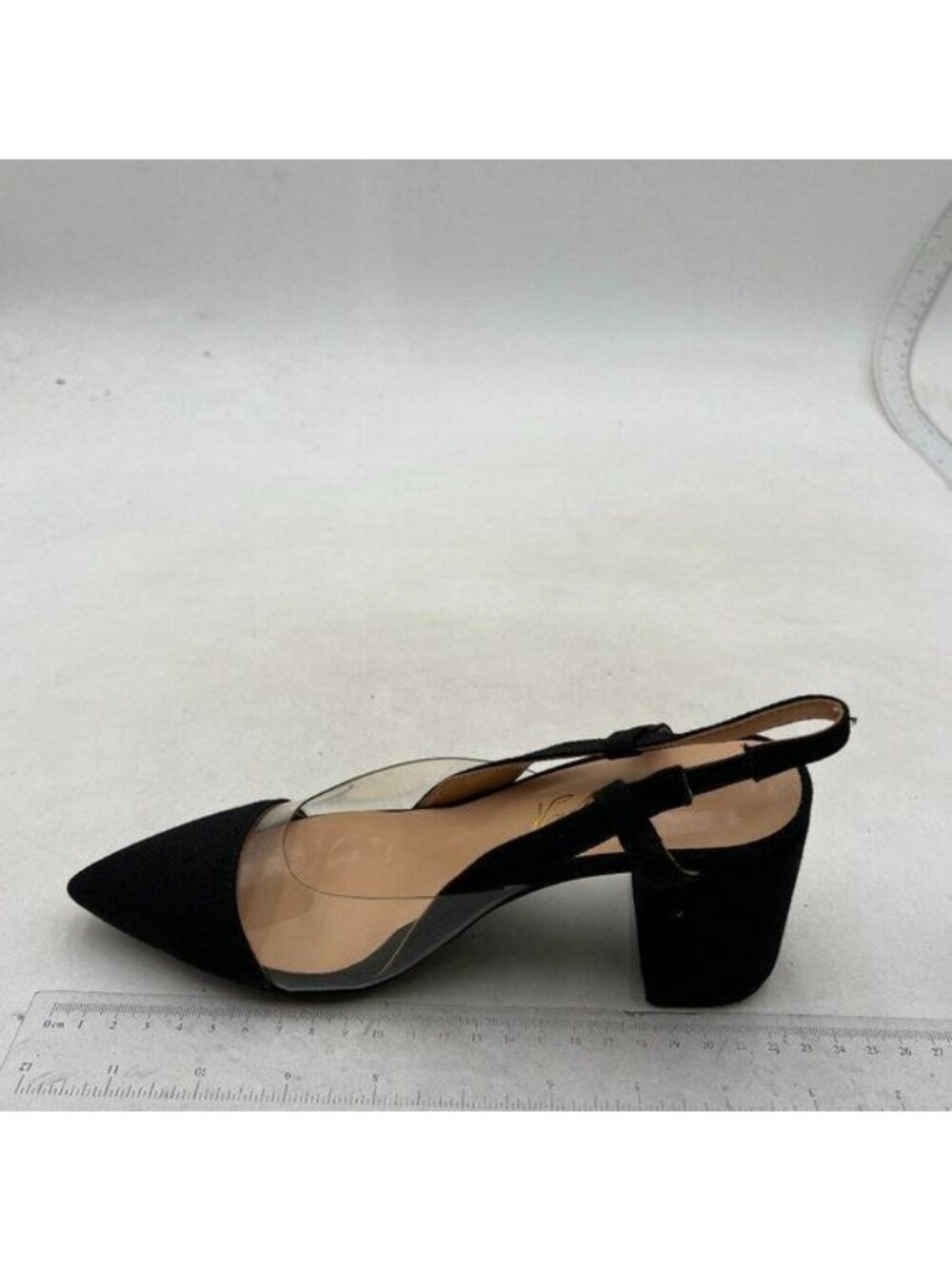 FOWT Women Transparent Slingback Mid Chunky Heels Pumps Pointed Toe PVC Black